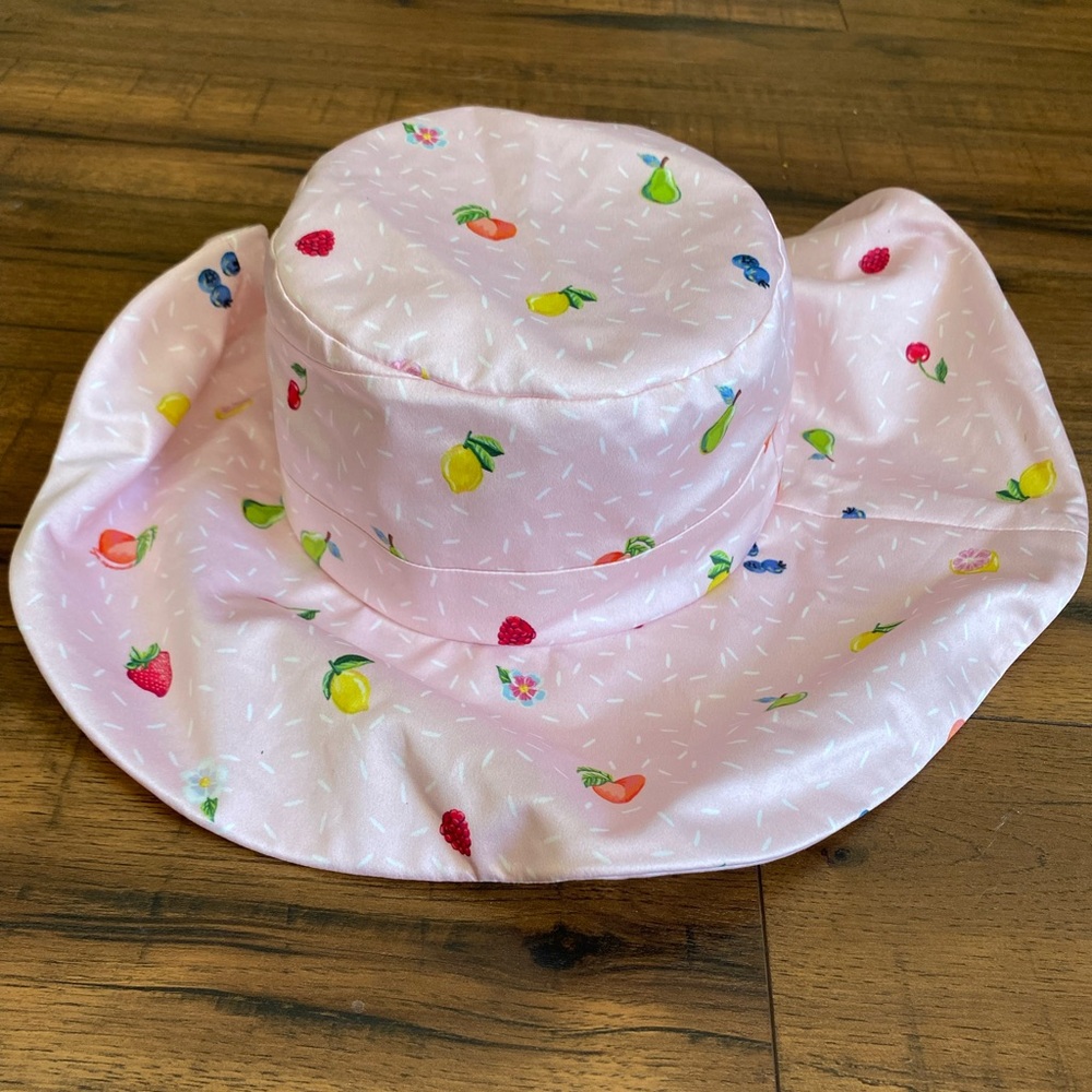 Lyn Around Fruit Print Hat Pink Satin Material Garden Hat